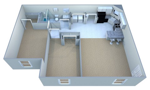 A 3D image of a house layout with a kitchen, living room, and bathroom.